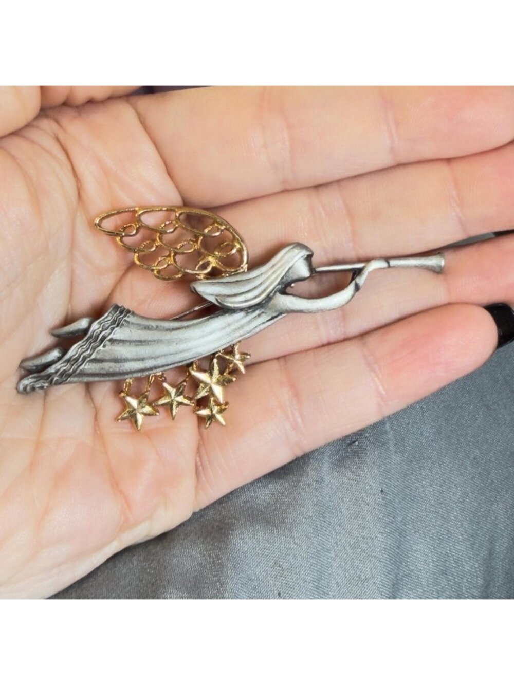 Angel Brooch Vintage Gold Silver Tone Trumpet Herald Star Pin 3 Inch